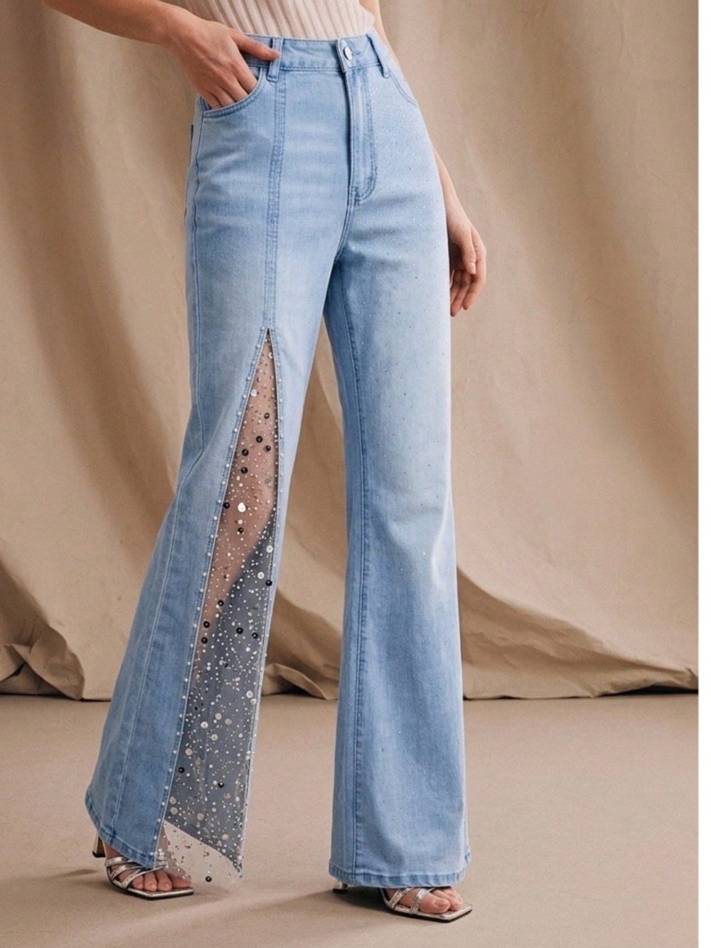 Light wash Rhinestone Sequin Semi Sheer Wide leg Denim Jeans Pants - Picture 1 of 4